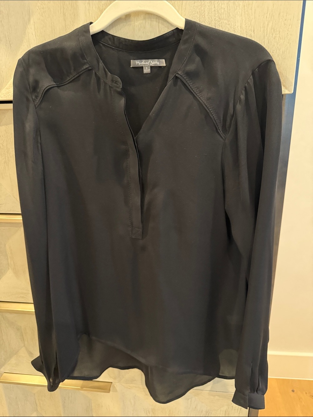 Michael Stars Women's Black Long-Sleeve Silk Split-Neck Blouse